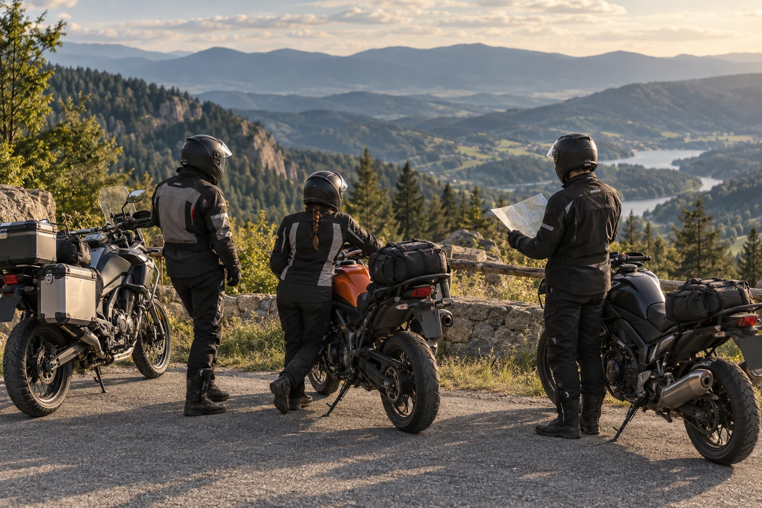 Motoviaggiatori presso un belvedere in montagna — illustrazione generata con IA