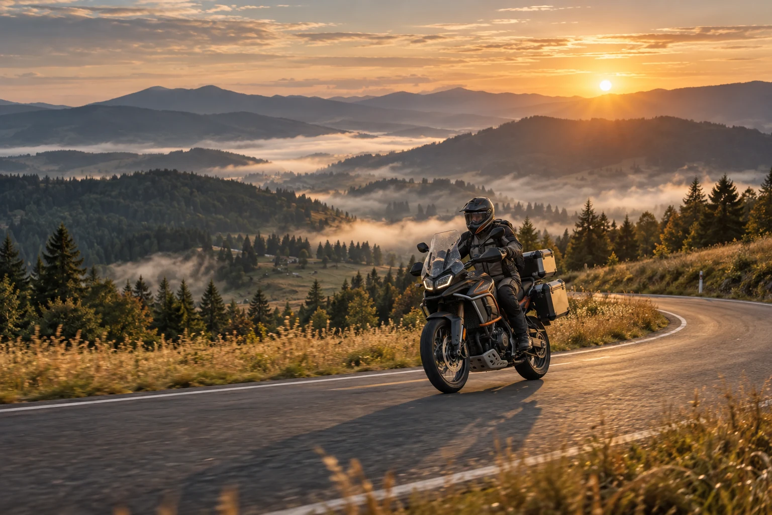 Motociclista su una strada di montagna tortuosa all’alba — illustrazione generata con IA